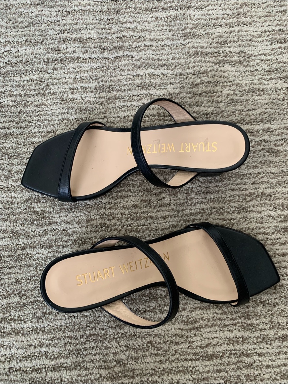 Stuart Weitzman Black Double-Strap Square-Toe Slide Sandals - Picture 2 of 4